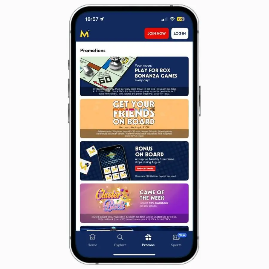 Monopoly Casino mobile app on iPhone, featuring information on promotions at the UK online casino.
