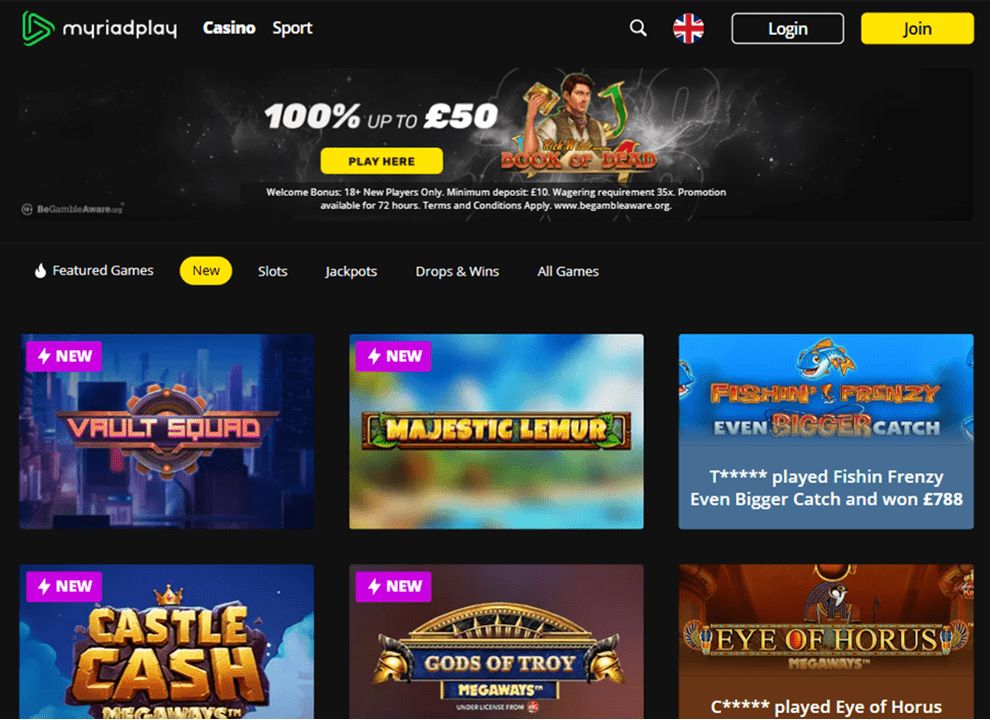 Screenshot of the MyriadPlay homepage, featuring information on the £50 welcome bonus and new slots at the casino.