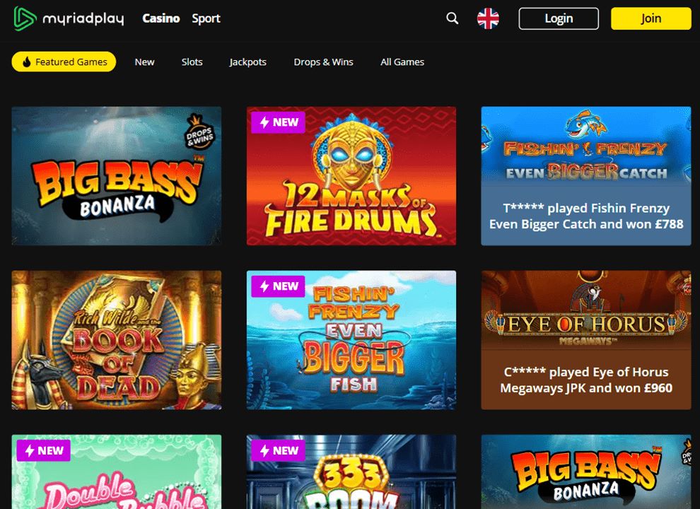 Screenshot of MyriadPlay casino, highlighting online slots and popular games available to play.