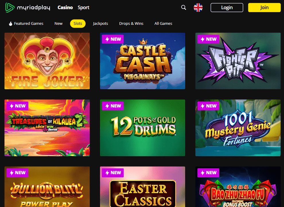 Screenshot of MyriadPlay casino, highlighting online slots and new games available to play.