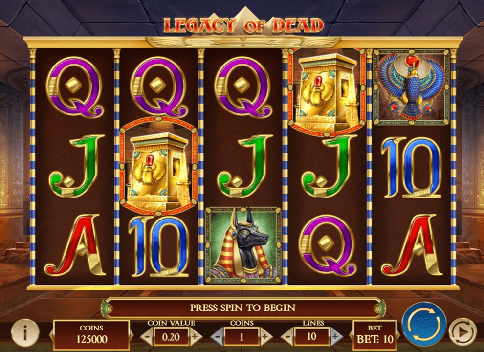 Screenshot of the online slot game Legacy of Dead by Play’n GO, being played at MyriadPlay.