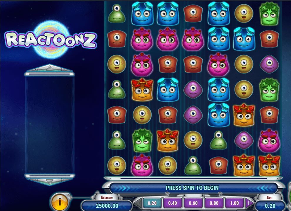 Screenshot of the online slot game Reactoonz by Play’n GO, being played at MyriadPlay.