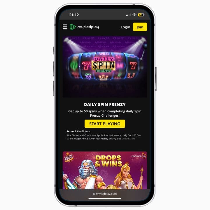 MyriadPlay mobile site on iPhone, featuring information on promotions at the casino