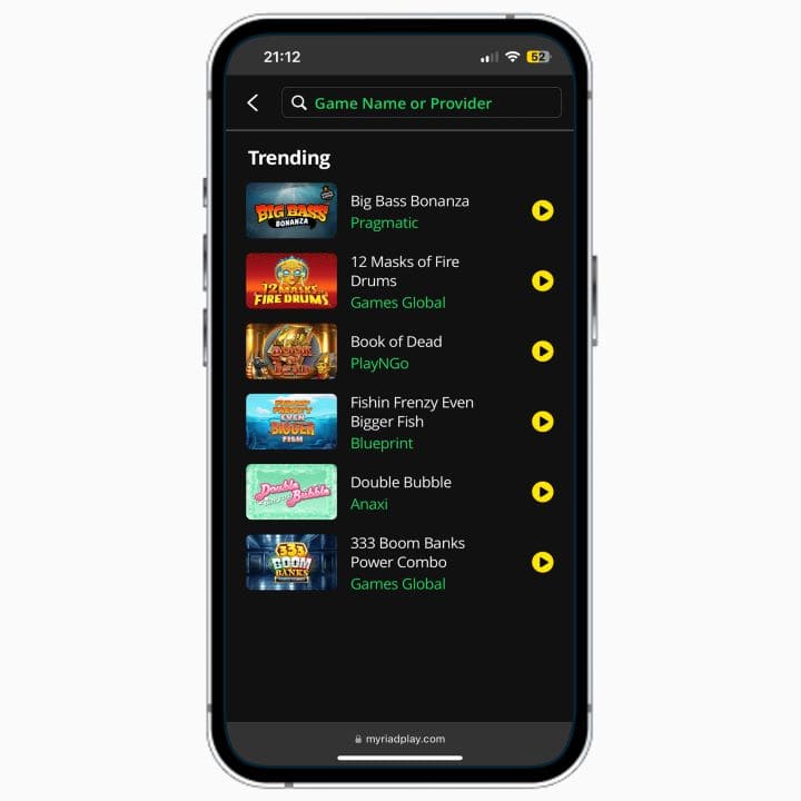 MyriadPlay mobile site on iPhone, featuring a list of trending slots at the casino