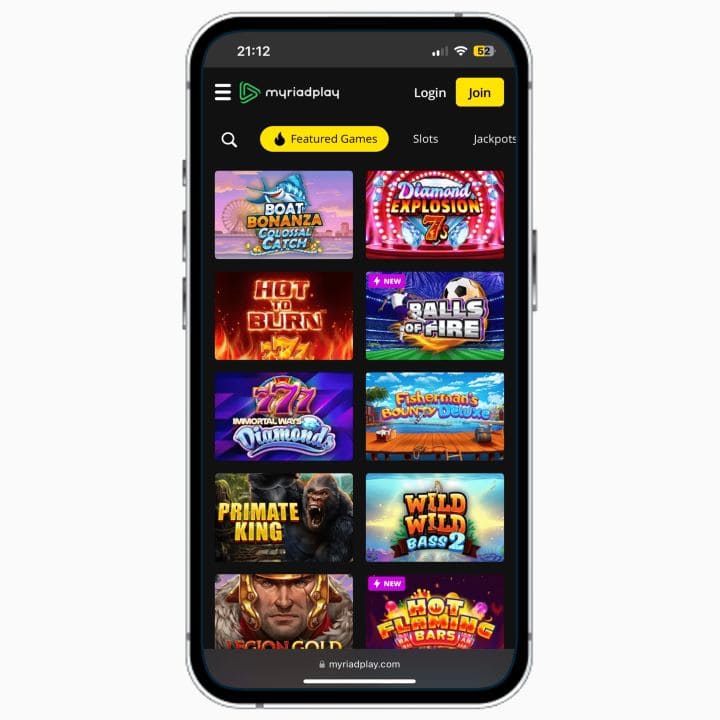 MyriadPlay mobile site on iPhone, showing the Featured Slots section at the casino