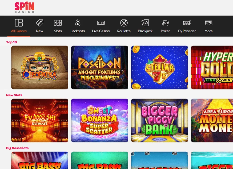 Screenshot of the Spin Casino homepage, featuring popular games and new slots at the UK online casino.
