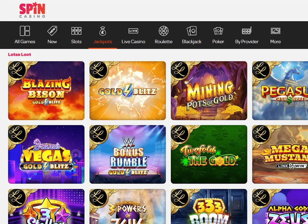 Screenshot of Spin Casino, featuring progressive jackpot slots at the UK online casino.