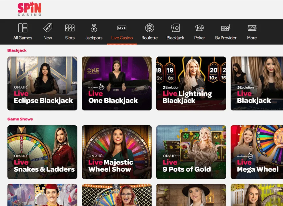 Screenshot of Spin Casino, showing live casino games at the UK online casino.