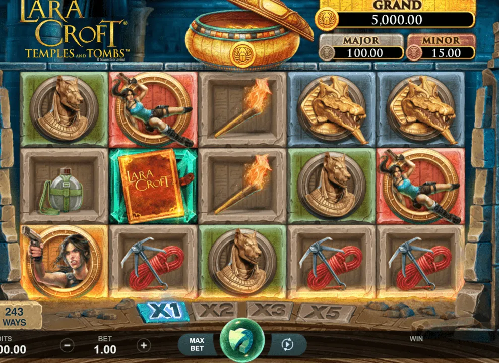 Screenshot of the online slot game Lara Croft Temples and Tombs by Games Global, being played at Spin Casino.