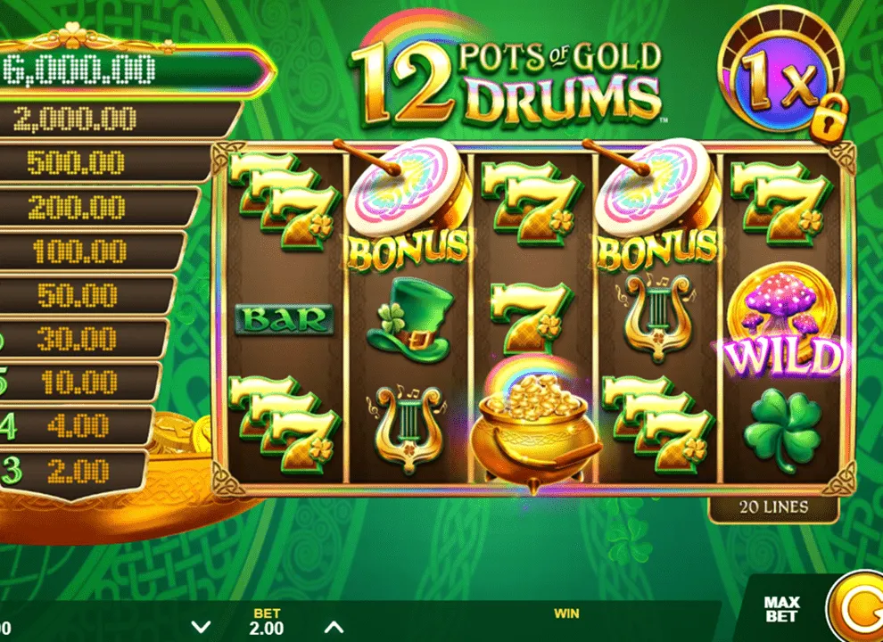 Screenshot of the online slot game 12 Pots of Gold Drums by Gameburger Studios, being played at Spin Casino.