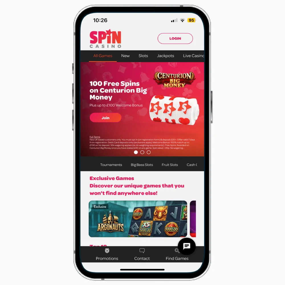 Spin Casino mobile app on iPhone, featuring the welcome bonus and exclusive games at the UK online casino.
