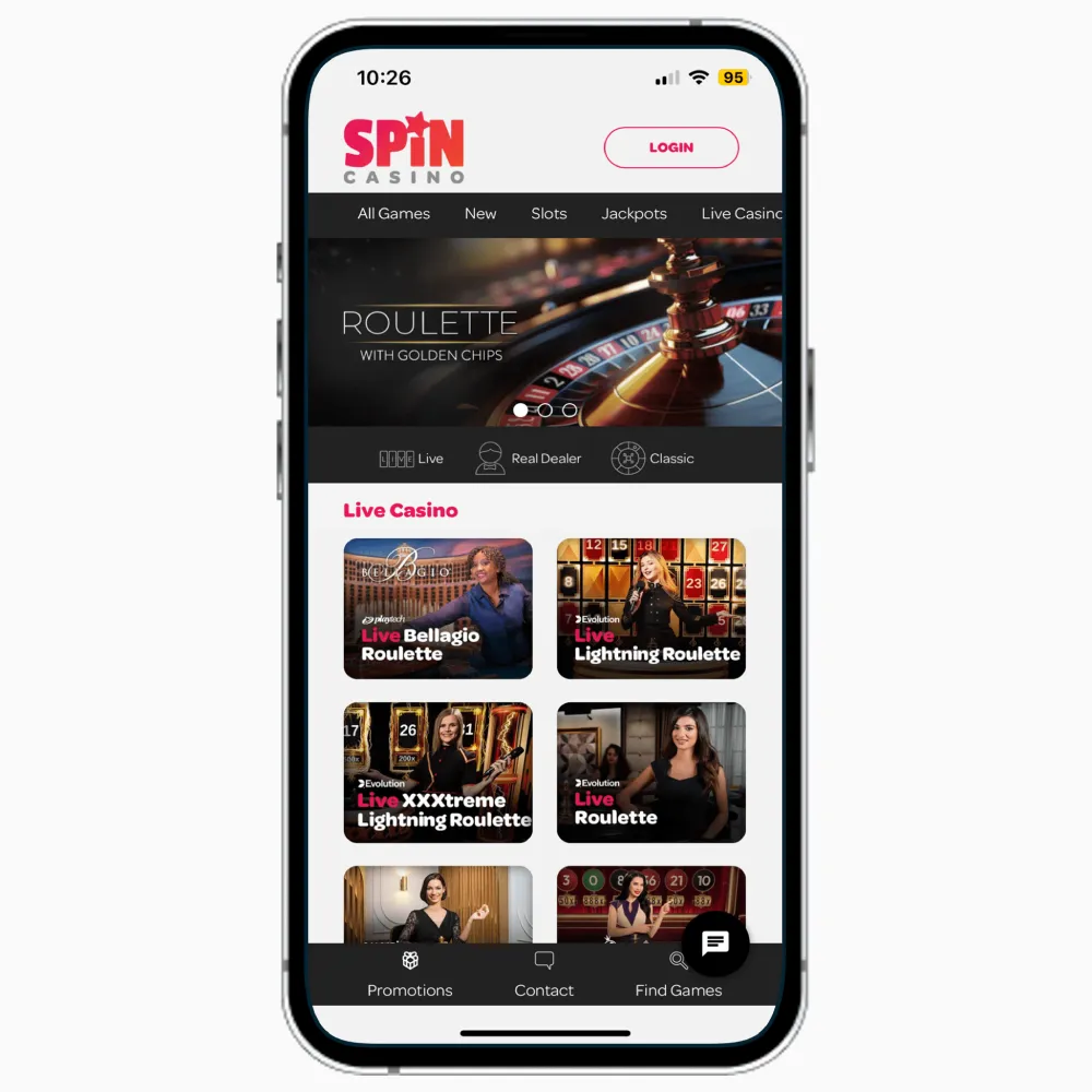 Spin Casino mobile app on iPhone, featuring a list of roulette and live casino games available to UK players.