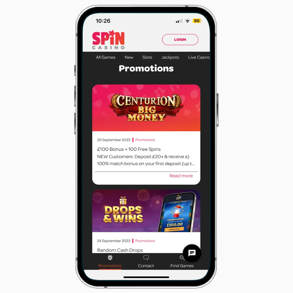 Spin Casino mobile app on iPhone, featuring information on bonuses and promotions available to UK players.