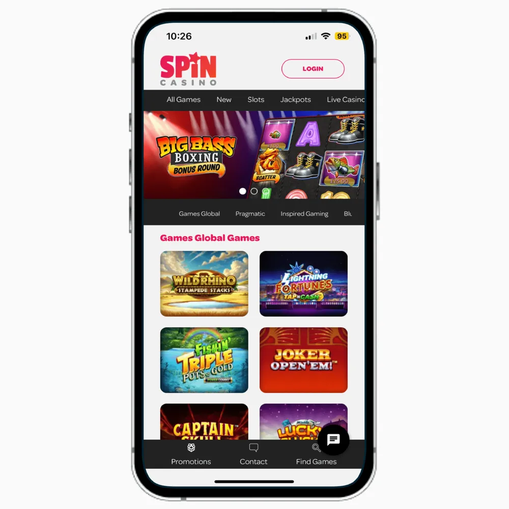 Spin Casino mobile app on iPhone, featuring a list of Games Global slots you can play at the UK online casino.