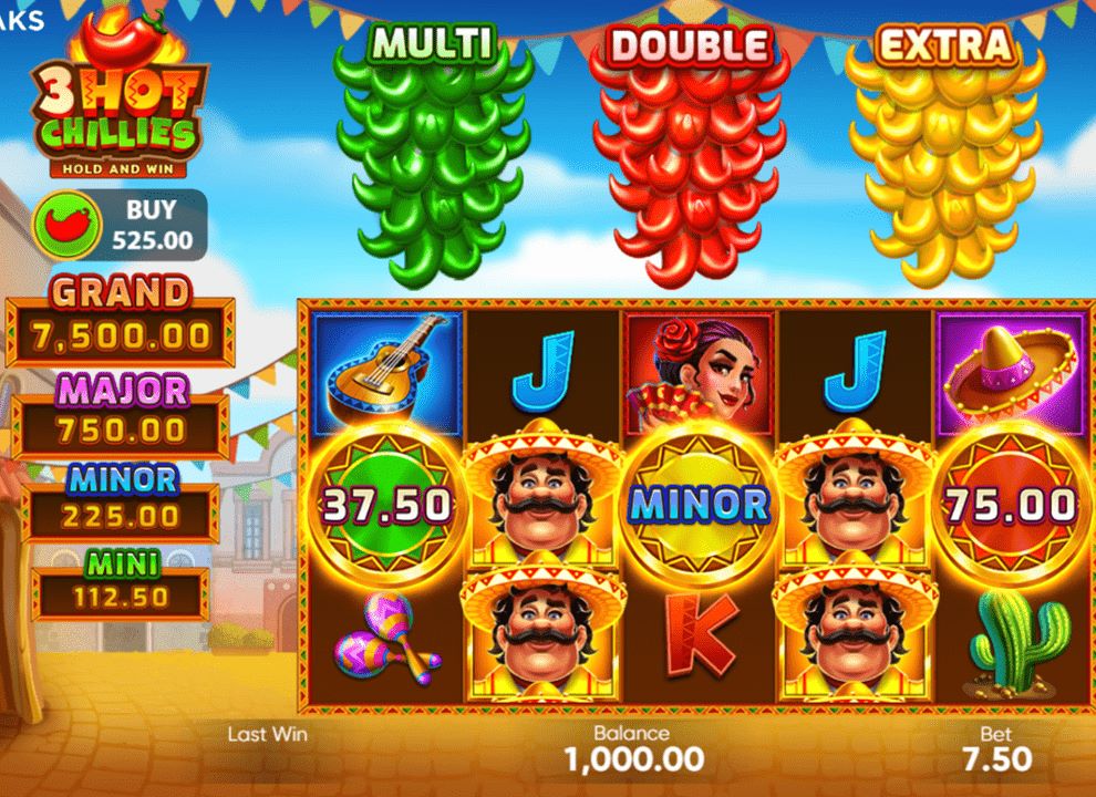 Screenshot of the online slot game 3 Hot Chillies by 3 Oaks Gaming, being played at talkSPORT BET