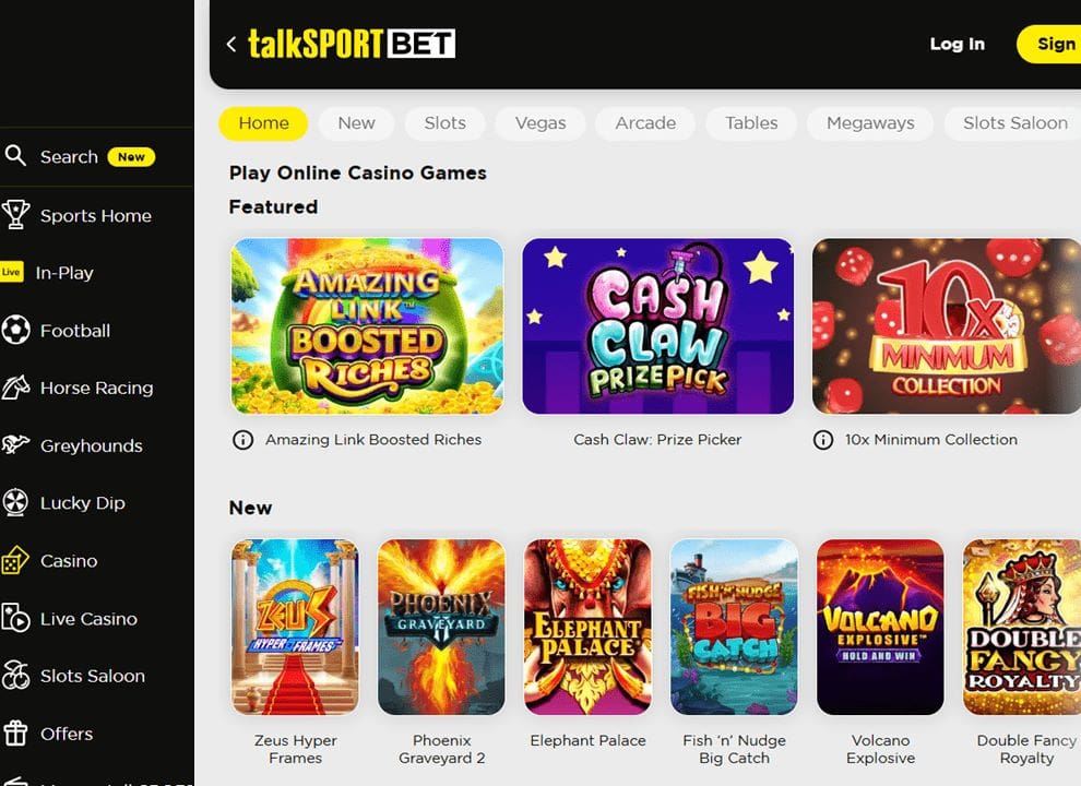 Screenshot of the talkSPORT BET homepage, featuring popular and new games at the UK online casino