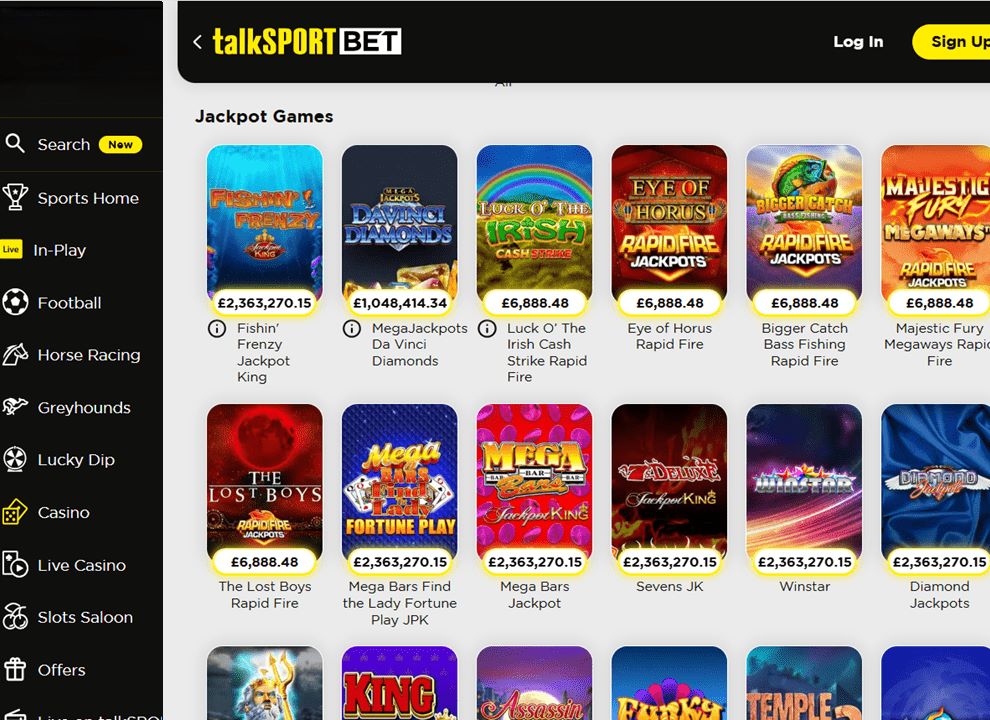 Screenshot of talkSPORT BET, featuring progressive jackpot slots at the UK online casino