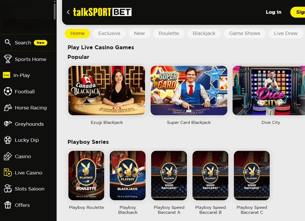 Screenshot of talkSPORT BET, showing live casino games at the UK online casino