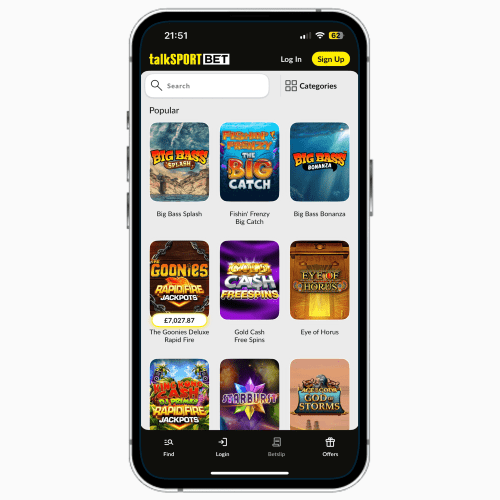 talkSPORT BET mobile app on iPhone, featuring popular games at the UK online casino