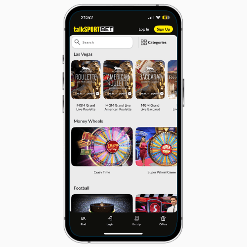 talkSPORT BET mobile app on iPhone, featuring a list of live casino games available to UK players