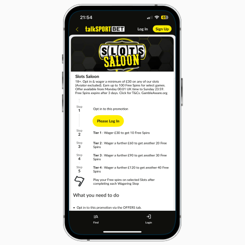 talkSPORT BET mobile app on iPhone, featuring information on the weekly Slots Saloon free spins bonus
