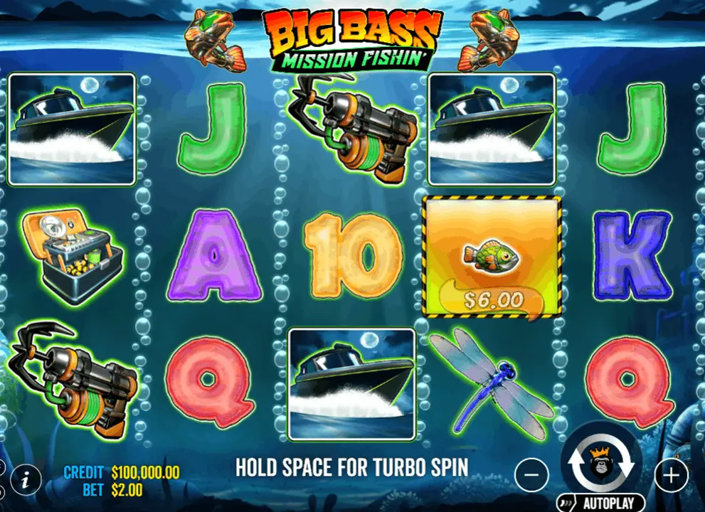 Screenshot of the online slot game Big Bass Mission Fishin by Pragmatic Play, being played for real money at The Vic
