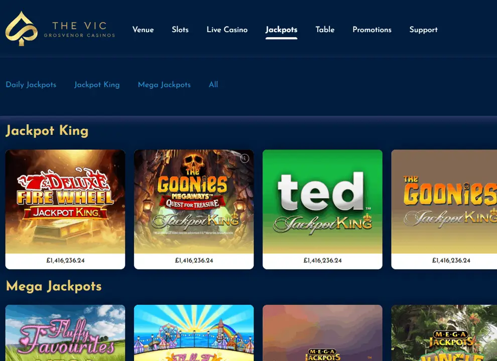 Screenshot of The Vic, featuring progressive jackpot slots and Jackpot King games