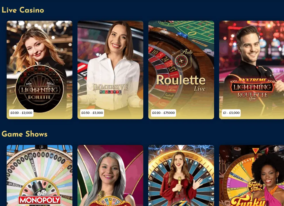 Screenshot of The Vic, showing live dealer games and game shows at the UK online casino