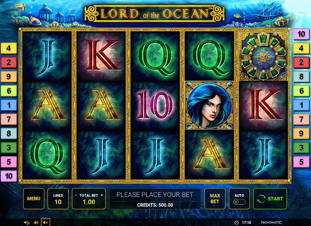 Screenshot of the online slot game Lord of the Ocean by Greentube, being played at The Vic