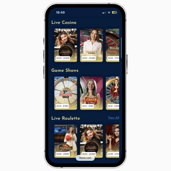 The Vic mobile site on iPhone, featuring information on live casino games and titles for UK players
