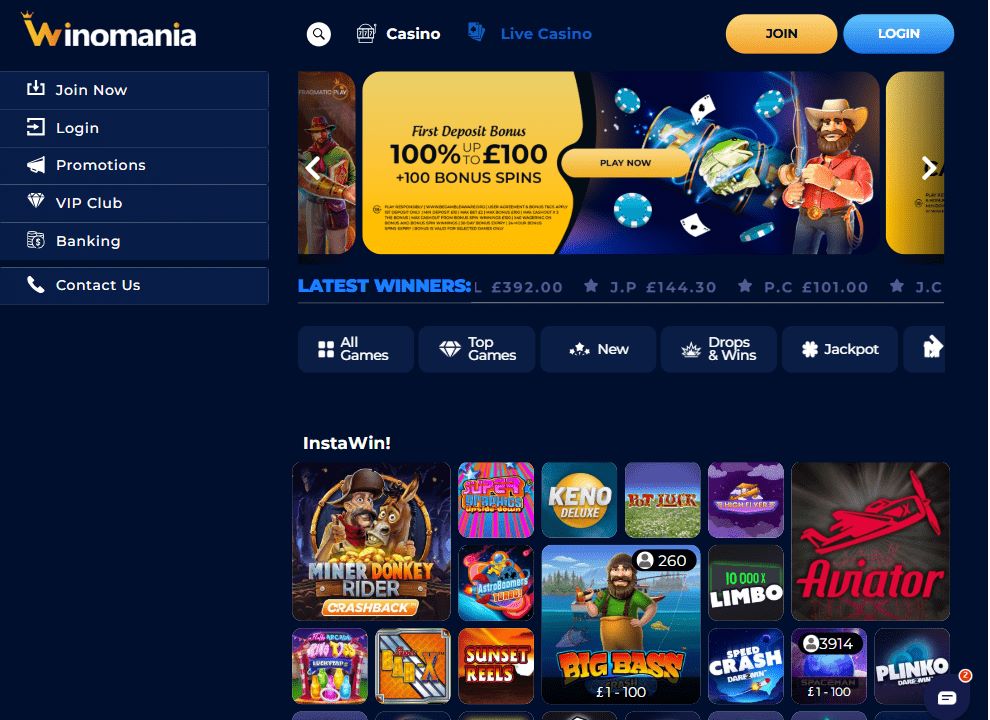 Screenshot of the Winomania Casino homepage, featuring games selection, £100 welcome bonus and navigation menu.