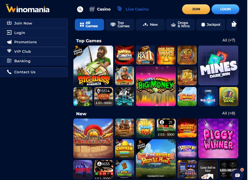 Screenshot of the Winomania Casino homepage, highlighting top, most popular and new casino games. 