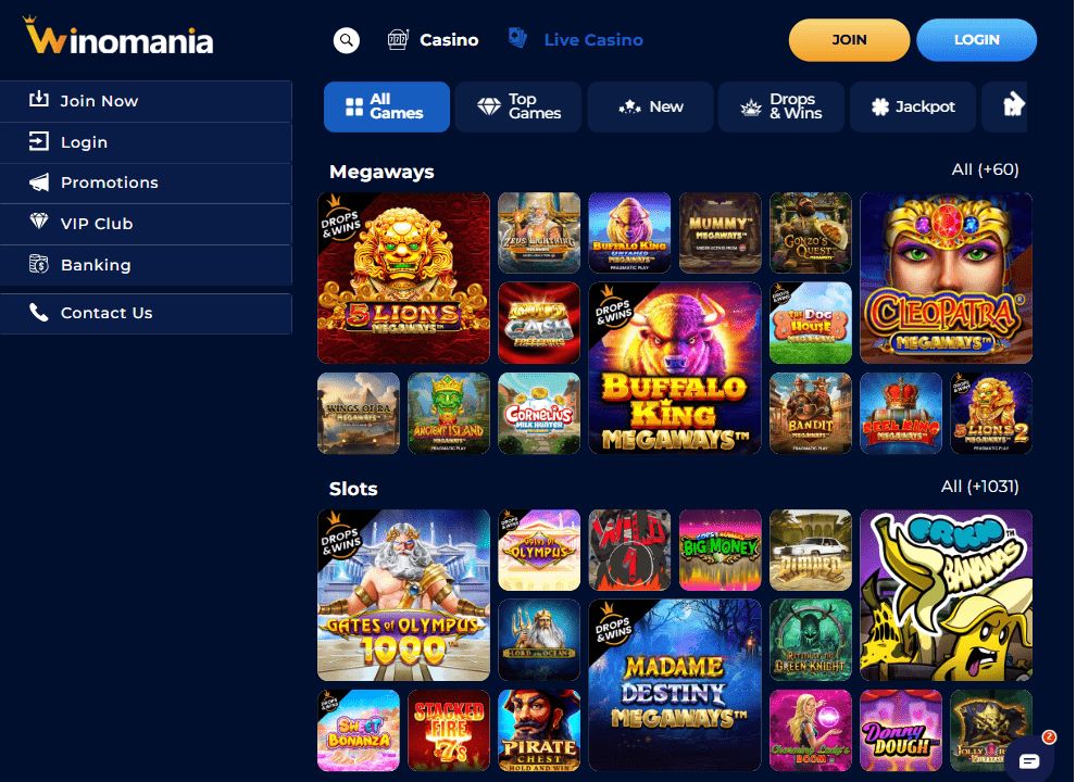Screenshot of the Winomania Casino homepage, showing Megaways slots and other slots games.