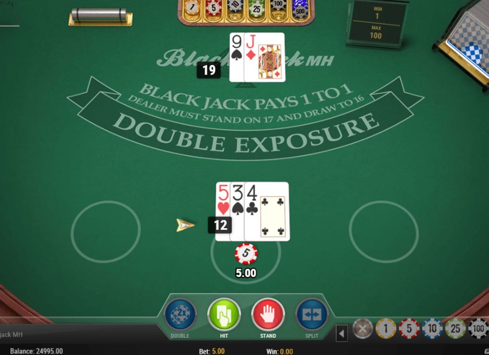 Screenshot of the online roulette RNG game Double Exposure Blackjack MH produced by Play’n GO, being played at Winomania Casino.
