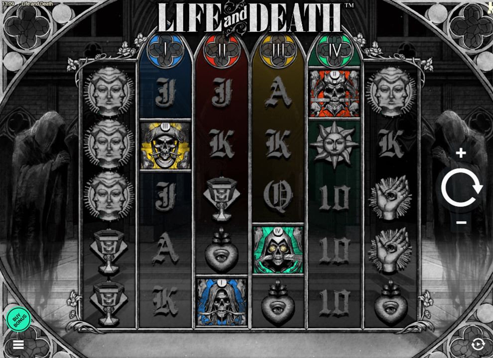 Screenshot of the online slot game Life and Death by Hacksaw Gaming, being played for real money at Winomania Casino.