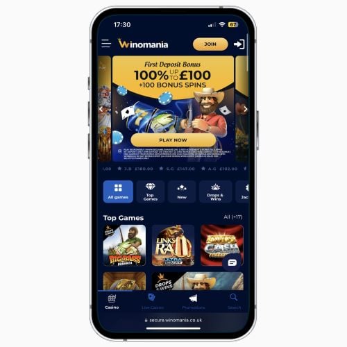 Winomania Casino mobile site on iPhone, featuring information on the welcome bonus and top games at the casino