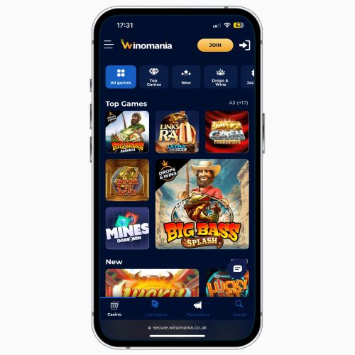 Winomania Casino mobile site on iPhone, featuring a list of new online slots available to UK players