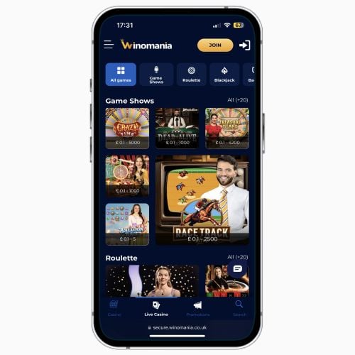 Winomania Casino mobile site on iPhone, featuring live blackjack and live baccarat games available to UK players