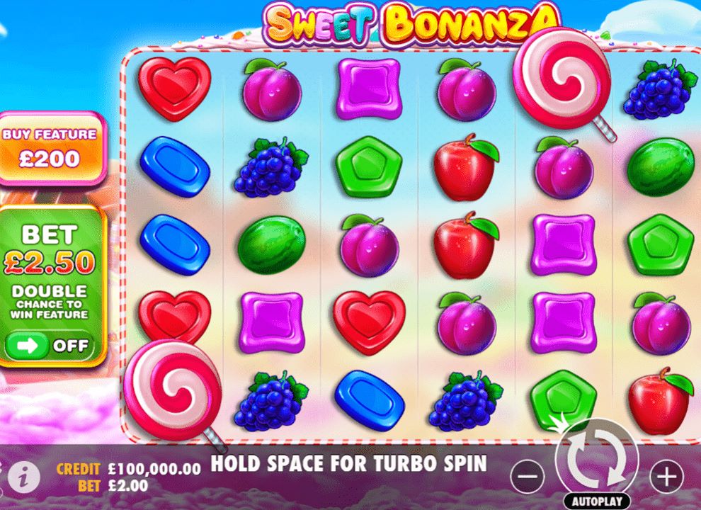 Screenshot of the online slot game Sweet Bonanza produced by Pragmatic Play, being played at Winomania Casino.