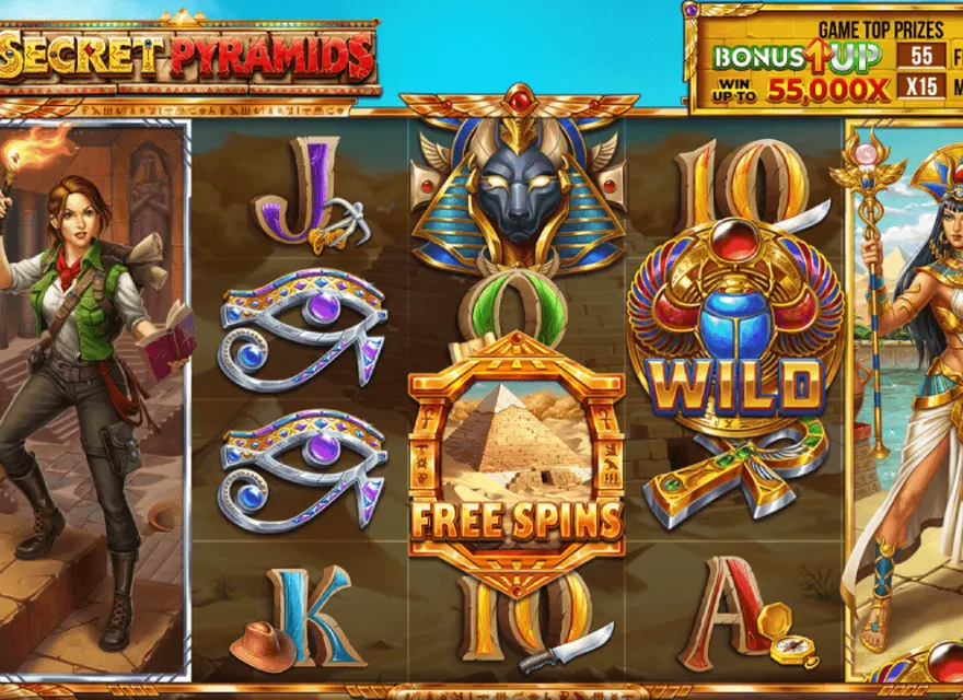Screenshot of the ancient Egypt-themed online slot game 4 Secret Pyramids by 4ThePlayer.