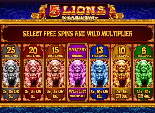 Screenshot of the online Megaways slot game 5 Lions Megaways by Pragmatic Play, showing the free spin bonus options.