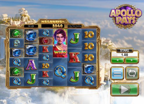 Screenshot of the online highest multiplier slot game Apollo Pays Megaways by Big Time Gaming.