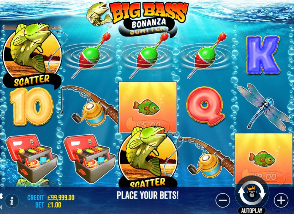Screenshot of the free slot game Big Bass Bonanza by Pragmatic Play, available to play at UK online casinos.
