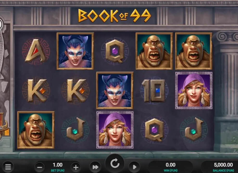 Screenshot of the ancient Greece-themed online slot game Book of 99 by Relax Gaming.