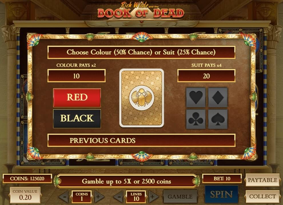Screenshot of the gamble feature on the slot game Book of Dead by Play’n GO.