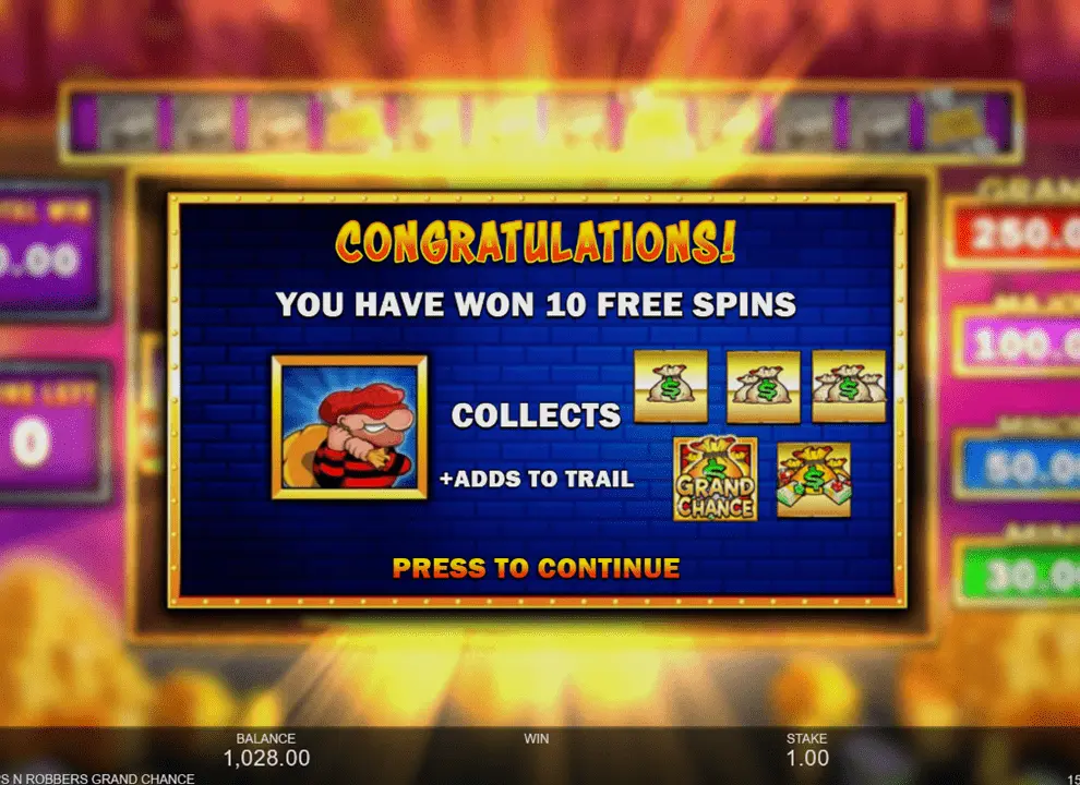 Screenshot of the free spins win animation on the online slot game Cops ‘n’ Robbers Grand Chance by Inspired Gaming.