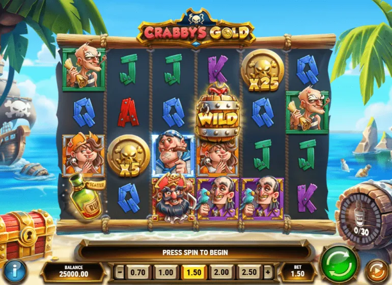 Screenshot of the new online slot game Crabby’s Gold by Play’n GO.