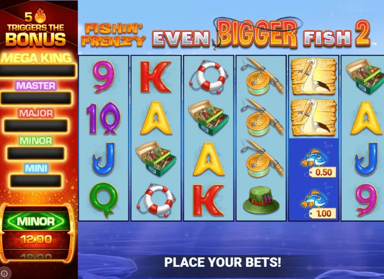 Screenshot of the new online slot game Fishin’ Frenzy Even Bigger Megaways 2 by Blueprint Gaming.