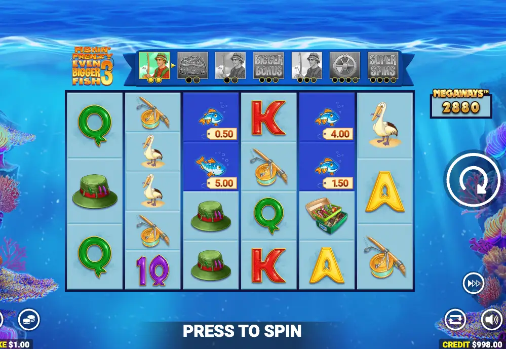 Screenshot of the online slot game Fishin' Frenzy Even Bigger Fish 3 by Blueprint Gaming, available to play at the best UK casino sites including All British Casino.