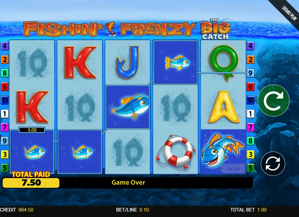Screenshot of a winning spin the online slot game Fishin’ Frenzy The Big Catch by Blueprint Gaming.